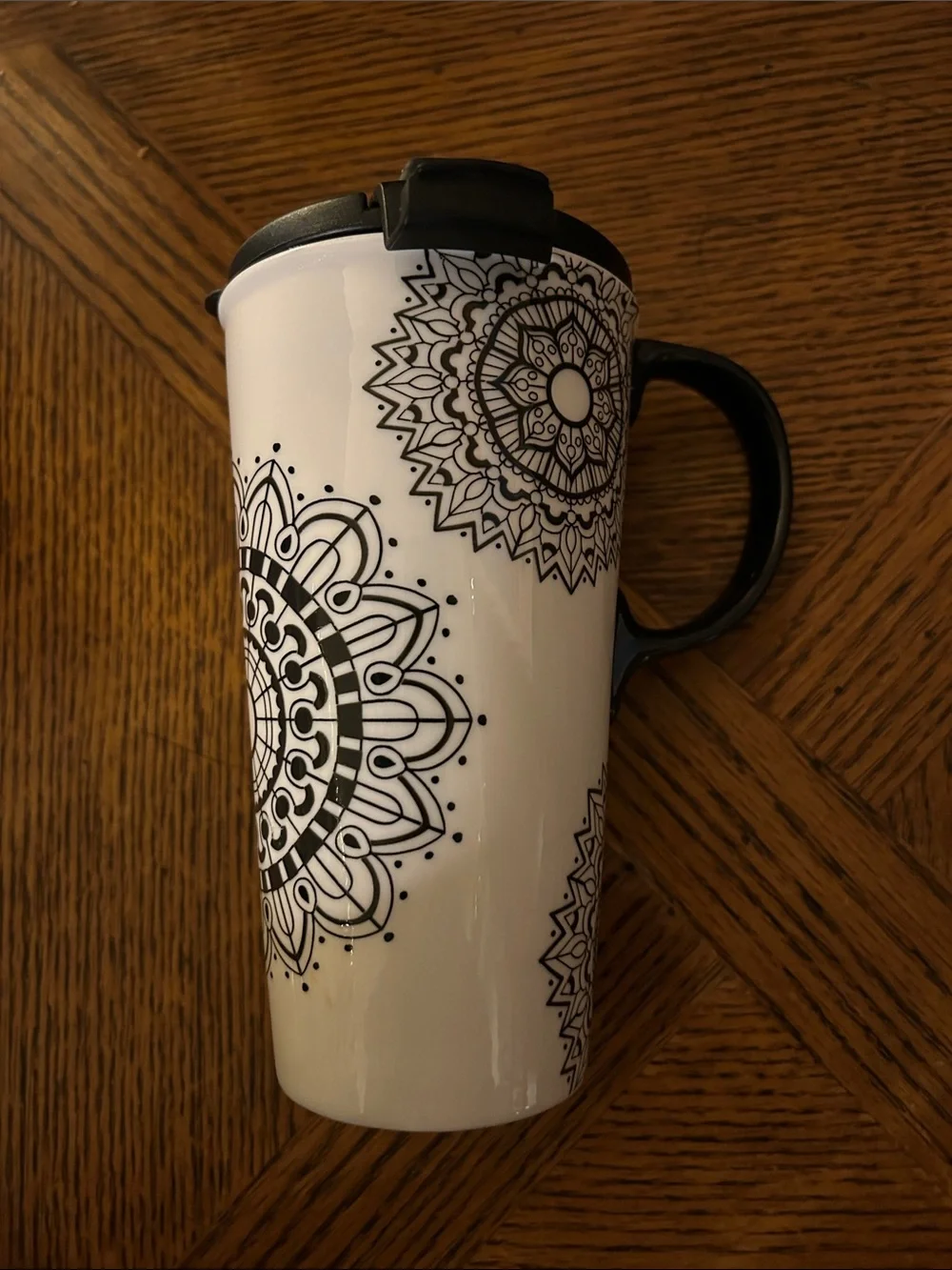 Cypress Home: Ceramic Travel Mug with Lid and Handle - Black and White Mandala